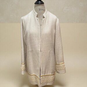 Chico's Size 2P (LP) Ivory Textured Gold Embellished Long Sleeve Open Jacket